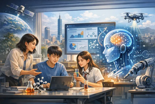 AI-generated editorial image illustrating AI integration in Taiwan's high school science education with digital tools and an adaptive learning platform.