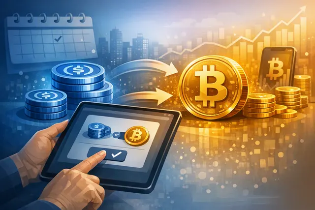 Illustration of USDC rewards being paid out in Bitcoin through Coinbase