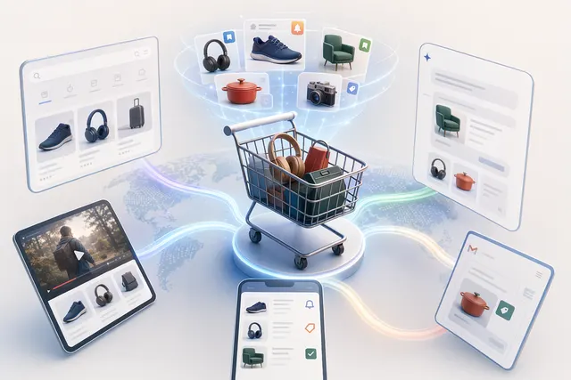Concept illustration of Google Universal Cart connecting shopping across Search, Gemini, YouTube, and Gmail