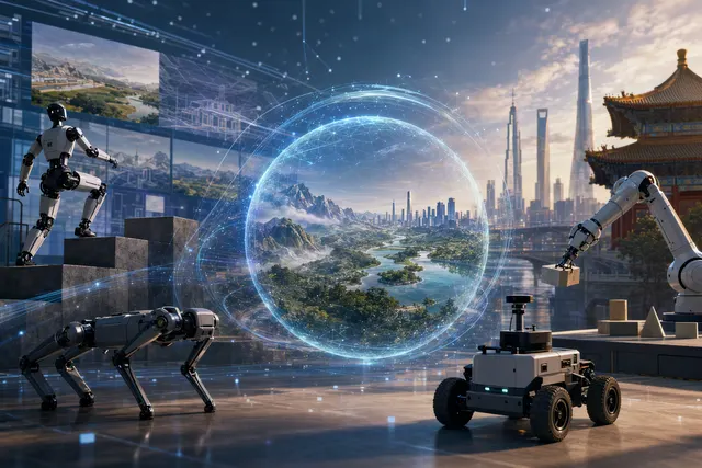 Editorial illustration of world models, robotics and physical AI in China