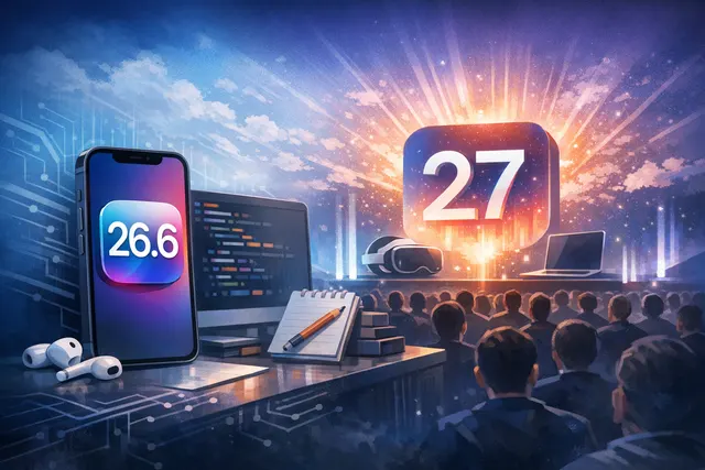 Editorial illustration showing an iPhone screen with iOS 26.6 developer beta settings next to a glowing calendar marked WWDC 2026 June 8, with Gemini-powered Siri interface element