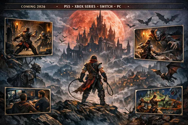 Castlevania: Belmont's Curse concept art showing a young Belmont wielding the Vampire Killer whip against a supernatural backdrop.