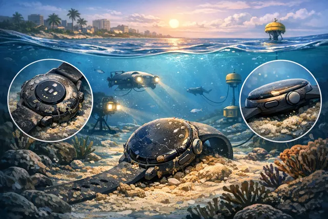 An AI-generated concept image illustrating a Google Pixel Watch 5 discovered on the Caribbean seabed by a scuba diver.
