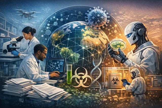 AI-generated illustration representing the joint bioresilience program by Google DeepMind and Isomorphic Labs, showing AI models analyzing biological data for threat prevention, de