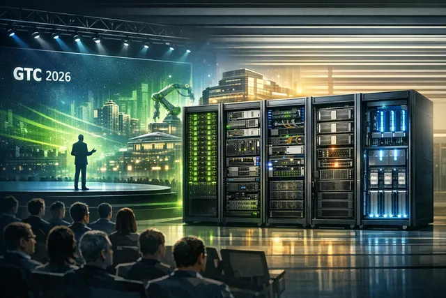 Abstract visualization of Nvidia's Vera Rubin five-rack AI supercomputer platform in a futuristic data center, featuring interconnected server racks with glowing blue and purple ac