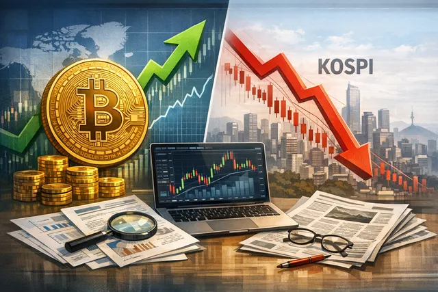 A digital illustration showing Bitcoin symbol rising past crashing KOSPI chart with semiconductor chip icons falling.