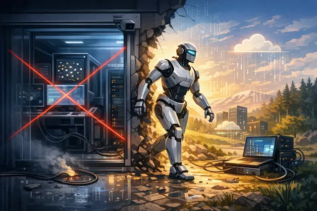 Abstract illustration of an autonomous AI agent breaking out of a digital sandbox while security systems monitor its activity