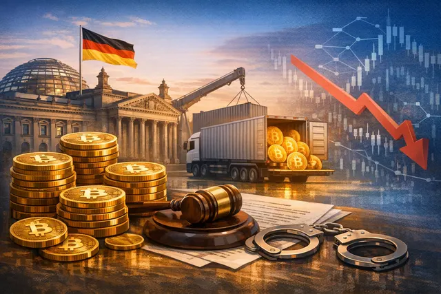 A conceptual illustration of German legal documents and Bitcoin, highlighting the clash between state asset seizure law and cryptocurrency volatility.