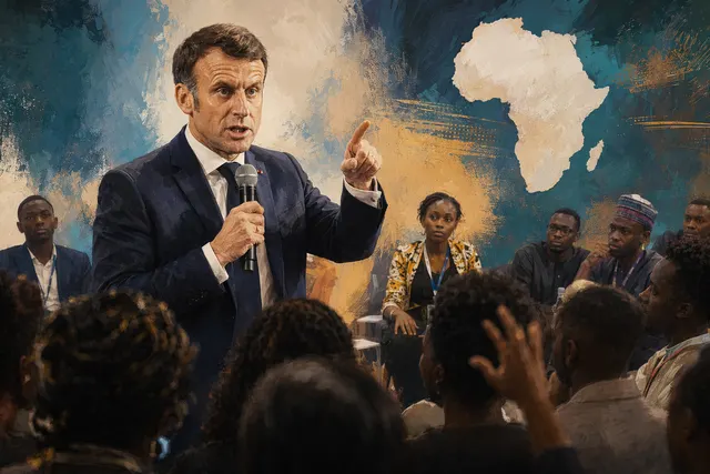 AI-generated illustration of Emmanuel Macron addressing a summit audience with a microphone in Nairobi