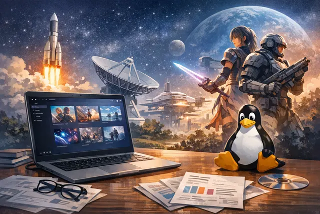 GOG Galaxy launcher interface concept with Linux desktop background and Star Ocean game logos