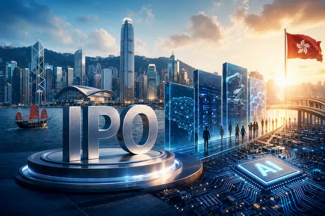 香港金融區與人工智能晶片圖形交疊，象徵中國 AI 企業赴港 IPO