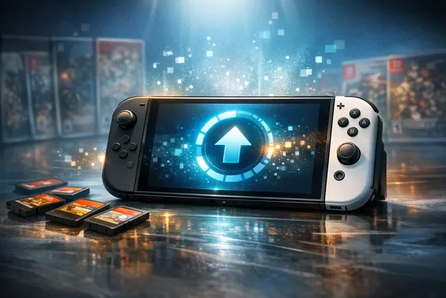 Nintendo Switch 2 console displaying backward compatibility update news surrounded by game icons