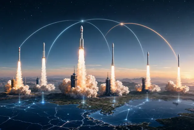Editorial illustration of multiple Chinese rockets launching during a high-cadence orbital launch week