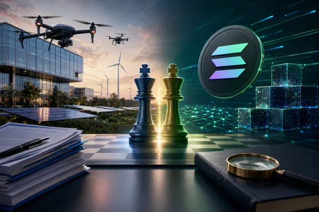 Editorial illustration of a drone and a digital stock token on a blockchain network