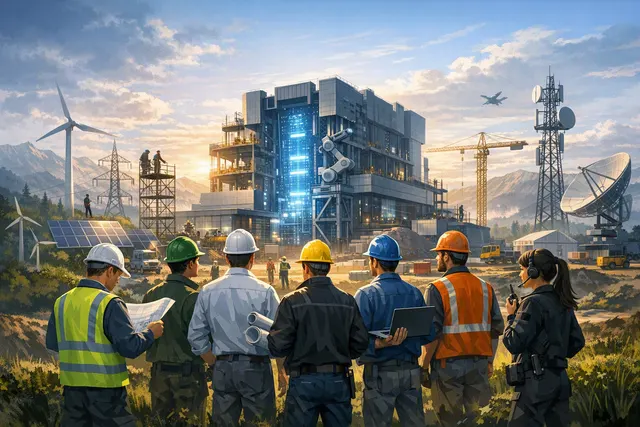 Editorial illustration of an AI data center with liquid-cooling systems, power infrastructure, and engineering networks
