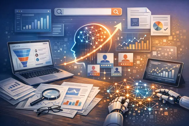 Data analytics dashboard with charts and graphs representing predictive lead scoring and AI analytics.