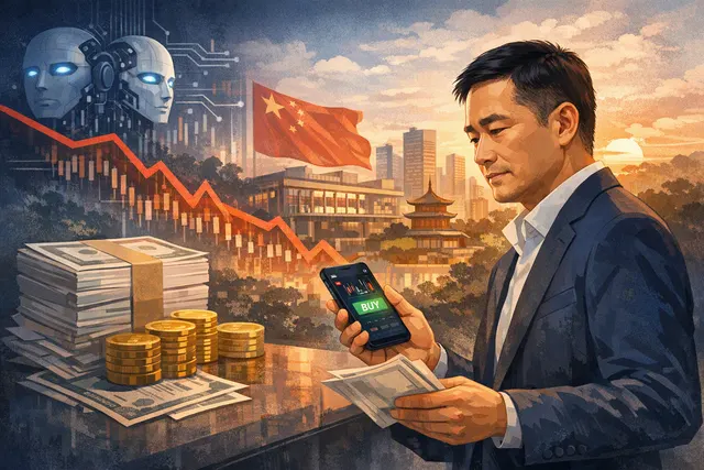 Editorial illustration of Alibaba CEO Wu Yongming buying shares as the company raises money for artificial intelligence investment