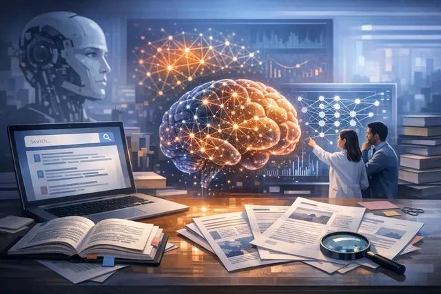 Illustration of a human brain and an artificial neural network with glowing connections, symbolizing the search for consciousness in AI systems.