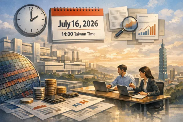 AI-generated editorial hero image illustrating TSMC's semiconductor chip manufacturing and financial data visualization for Q2 2026 earnings preview.