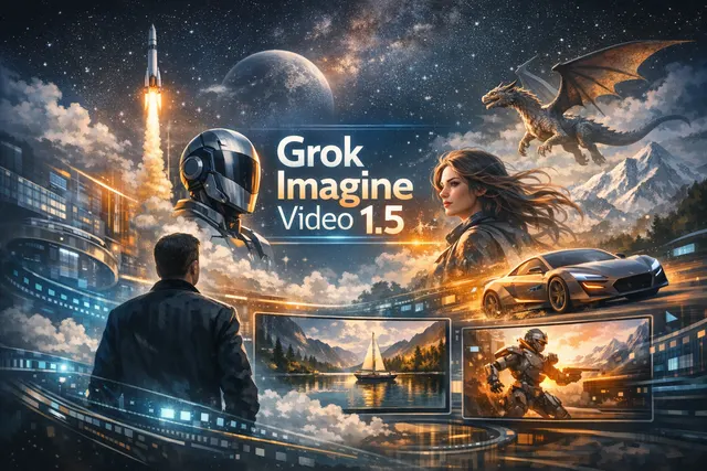 A stylized visualization representing AI video generation with abstract motion trails and synchronized audio waveforms emanating from a central processing core, reflecting the Grok