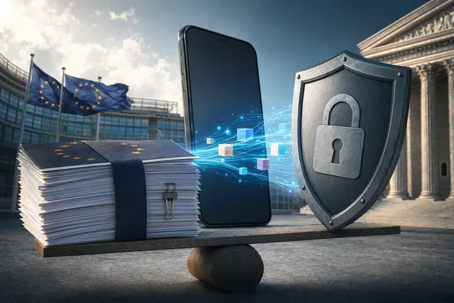 Illustration representing Apple, Google, and EU regulators debating access to Android AI assistant features