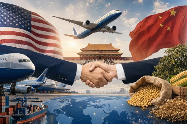 Trump and Xi meeting in Beijing symbolizing trade agreements involving Boeing aircraft and U.S. agricultural exports