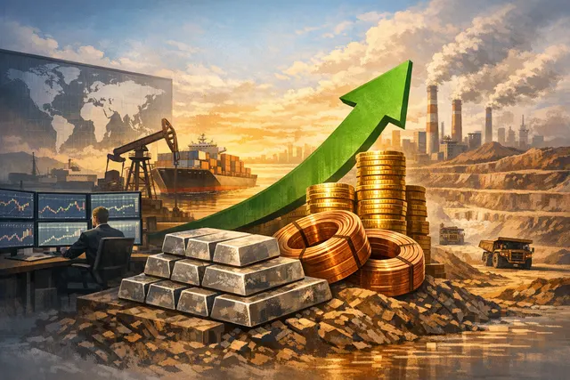 Commodity trading and industrial shipping scene representing Glencore's global trading operations and the $3.3 billion H1 2026 profit.