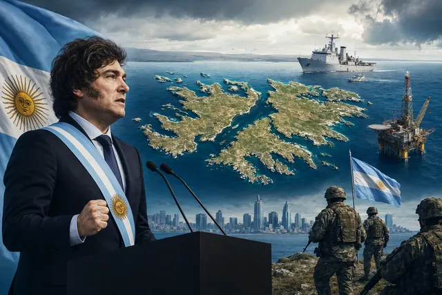 Editorial illustration of Argentina’s Falklands/Malvinas sovereignty dispute and offshore oil development