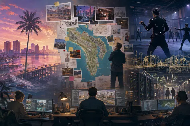 Editorial illustration representing the long development of Grand Theft Auto VI