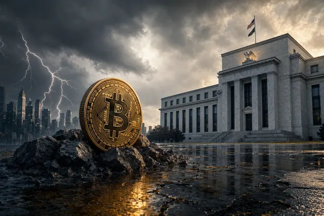 Editorial illustration of Bitcoin amid market volatility and macroeconomic pressure