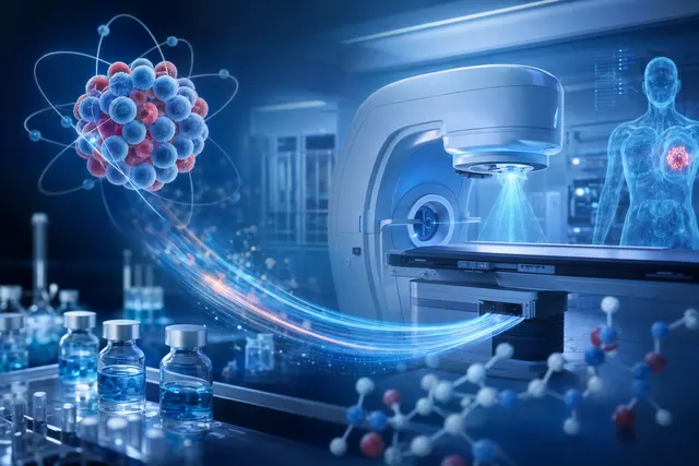 Concept illustration of targeted radiotherapy using radioactive isotopes to attack cancer cells