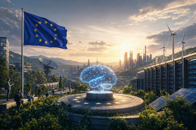 Editorial illustration representing Europe’s AI infrastructure and data-centre strategy