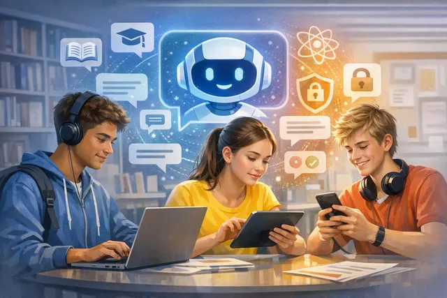 Illustration of a teen-focused ChatGPT experience with study tools and safety controls