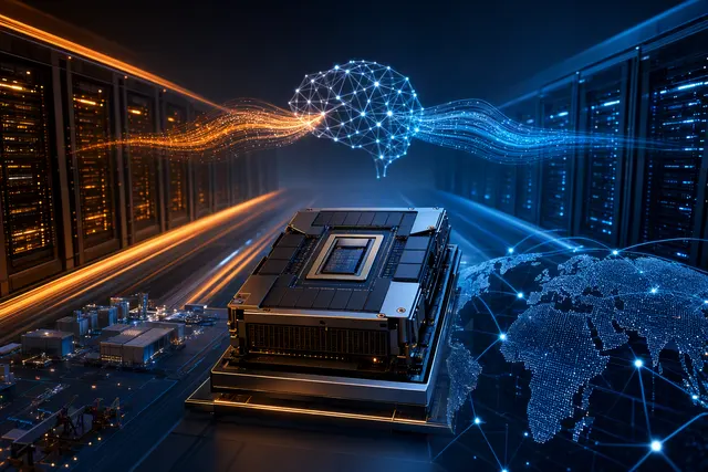 Editorial illustration representing AI inference hardware and benchmark performance