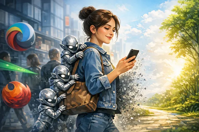 Apple Clingers campaign illustration showing chrome-clad data trackers clinging to a phone user before disappearing when Safari is launched