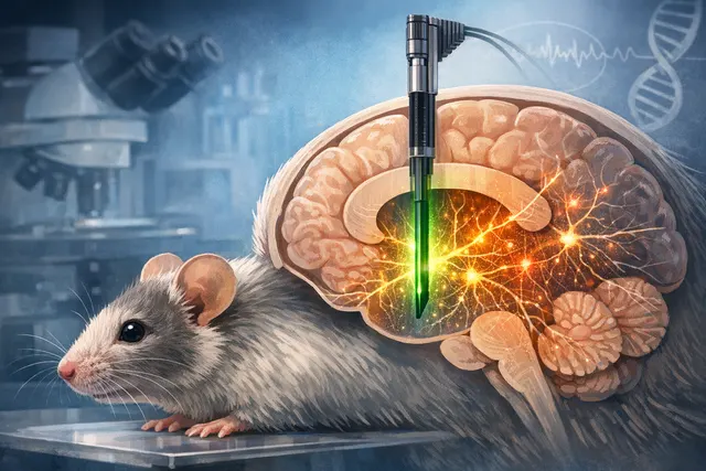 Artist's rendering of a Neuropixels Opto probe delivering light and recording electrical signals from a dense network of glowing neurons deep inside a brain
