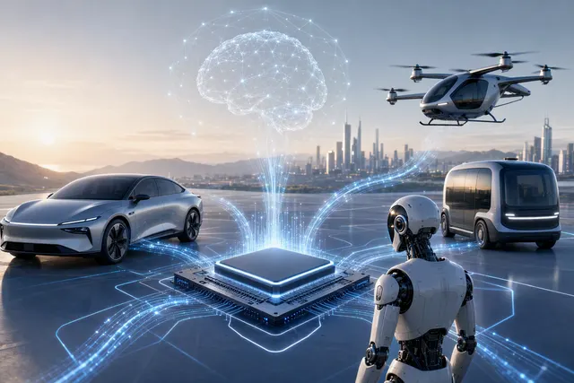 Editorial illustration of XPeng’s Physical AI strategy connecting electric vehicles and a humanoid robot