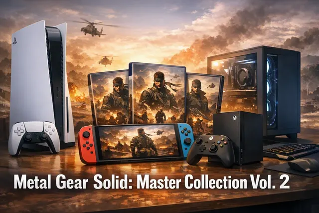 Editorial illustration for Metal Gear Solid: Master Collection Vol. 2, featuring the collection’s cross-platform release and Metal Gear Solid 4 legacy