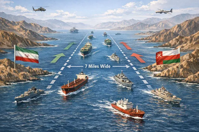 Conceptual illustration of a temporary shipping corridor through the Strait of Hormuz between Iran and Oman