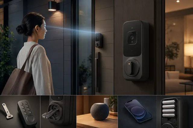 Smart deadbolt with facial recognition scanning a homeowner at the front door