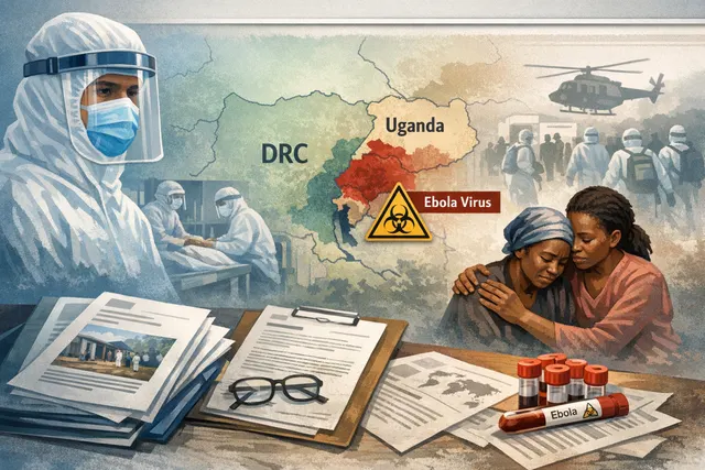 An AI-generated image representing the 2026 Bundibugyo Ebola outbreak in the DRC and Uganda, depicting a public health emergency response.