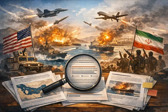 AI-generated editorial image depicting a military conflict scene with explosions over a strait, representing the escalating U.S.-Iran conflict and the closure of the Strait of Horm