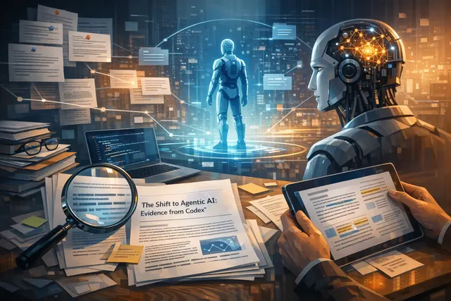 Agentic AI concept illustration showing a shift from chatbot conversation to autonomous task delegation across multiple departments