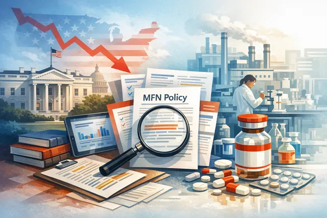 Illustration of a globe with pharmaceutical pricing symbols and a GLP-1 pill, representing the global impact of the Trump administration's most-favored-nation pricing policy on Eli