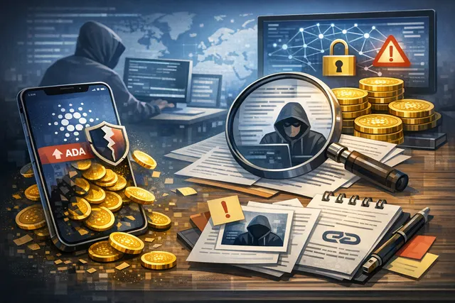 A stylized digital illustration of a broken Cardano wallet icon with sparks and glowing ADA coins, representing the SecondFi security exploit.