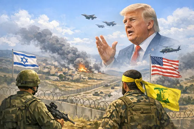 A conceptual illustration of President Trump, Prime Minister Netanyahu, and the Beirut skyline, symbolizing high-stakes diplomacy and a halted military escalation.