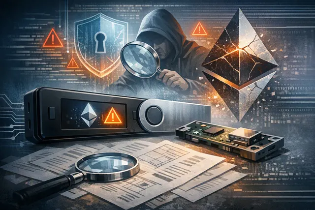 Editorial illustration of a Ledger hardware wallet displaying an Ethereum transaction while security warnings and code appear in the background