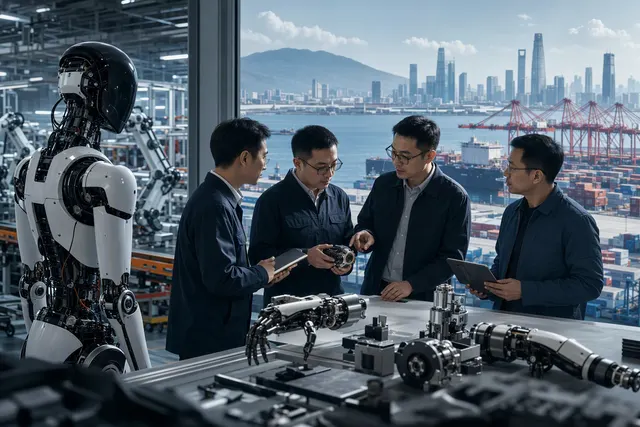 Editorial illustration of Tesla Optimus manufacturing and a supplier audit in Ningbo, China