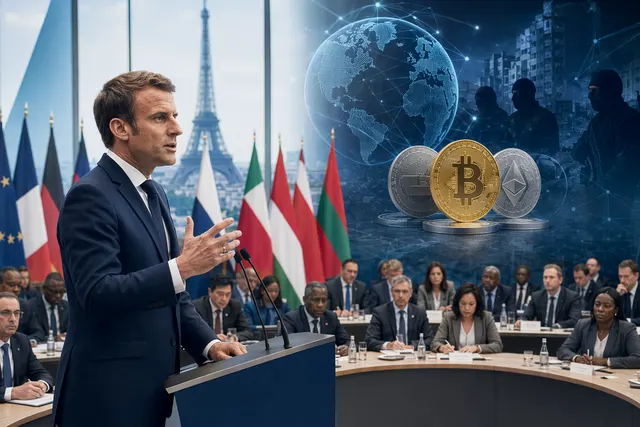 Editorial illustration of Emmanuel Macron warning about crypto regulation and terrorism financing at the No Money for Terror conference in Paris