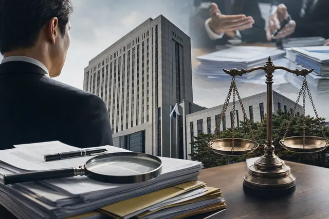 AI-generated editorial illustration accompanying coverage of Chey Tae-won’s legal dispute over a spending claim